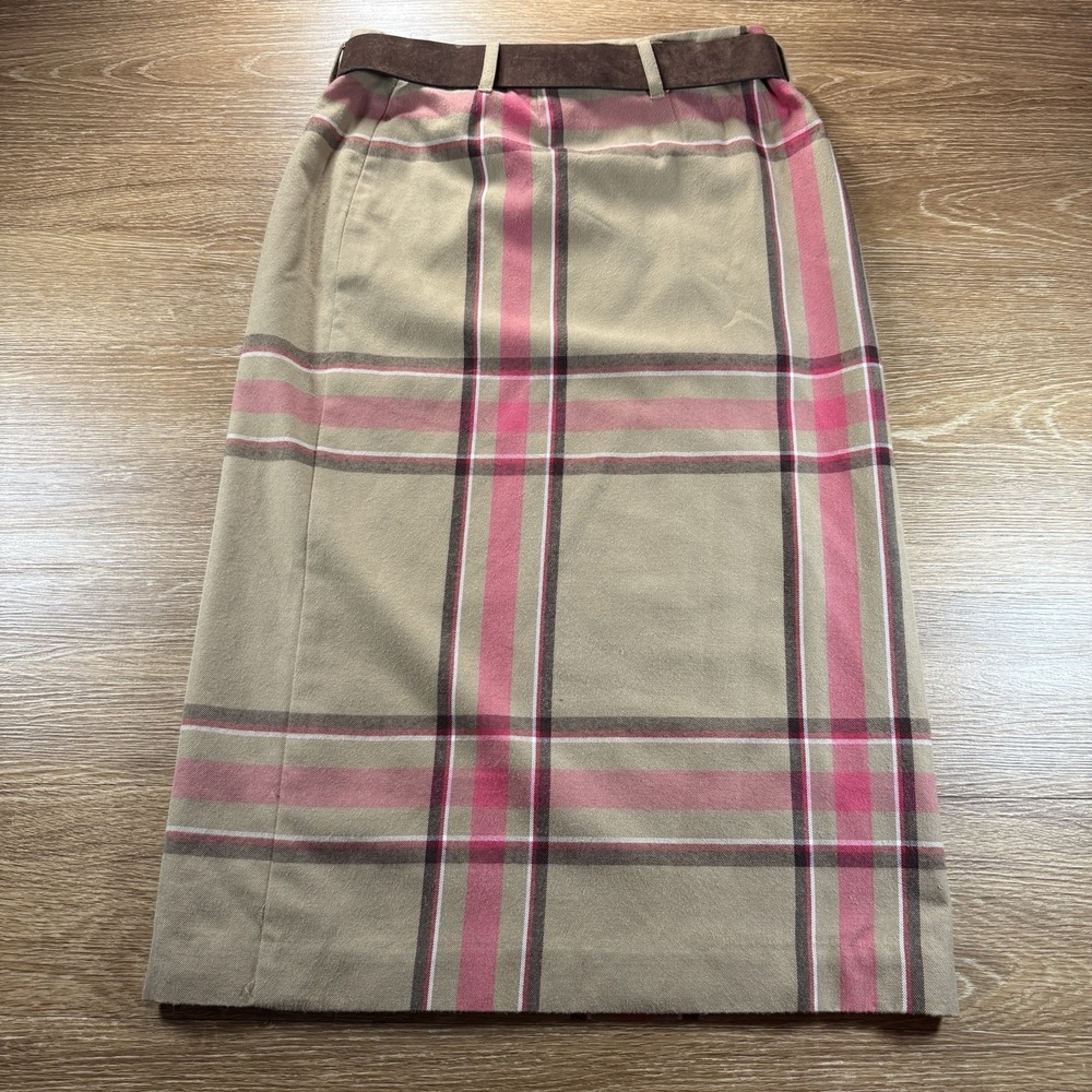 Evan Picone Vintage Y2K Plaid Skirt Women's 10 Pink Tan Fringe Midi Belted Fall - Picture 7 of 7